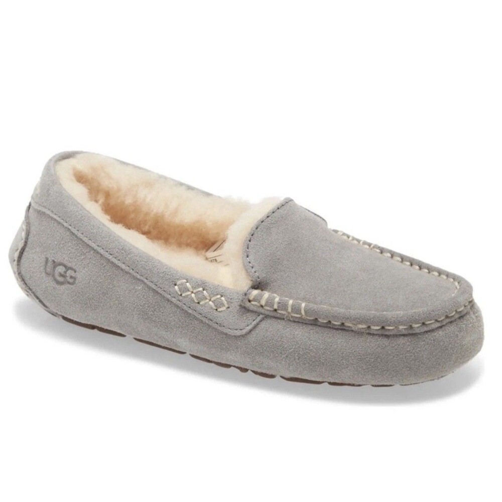UGG Ansley Light Grey Suede Slippers Women's Size 6 Shearling Moccasins